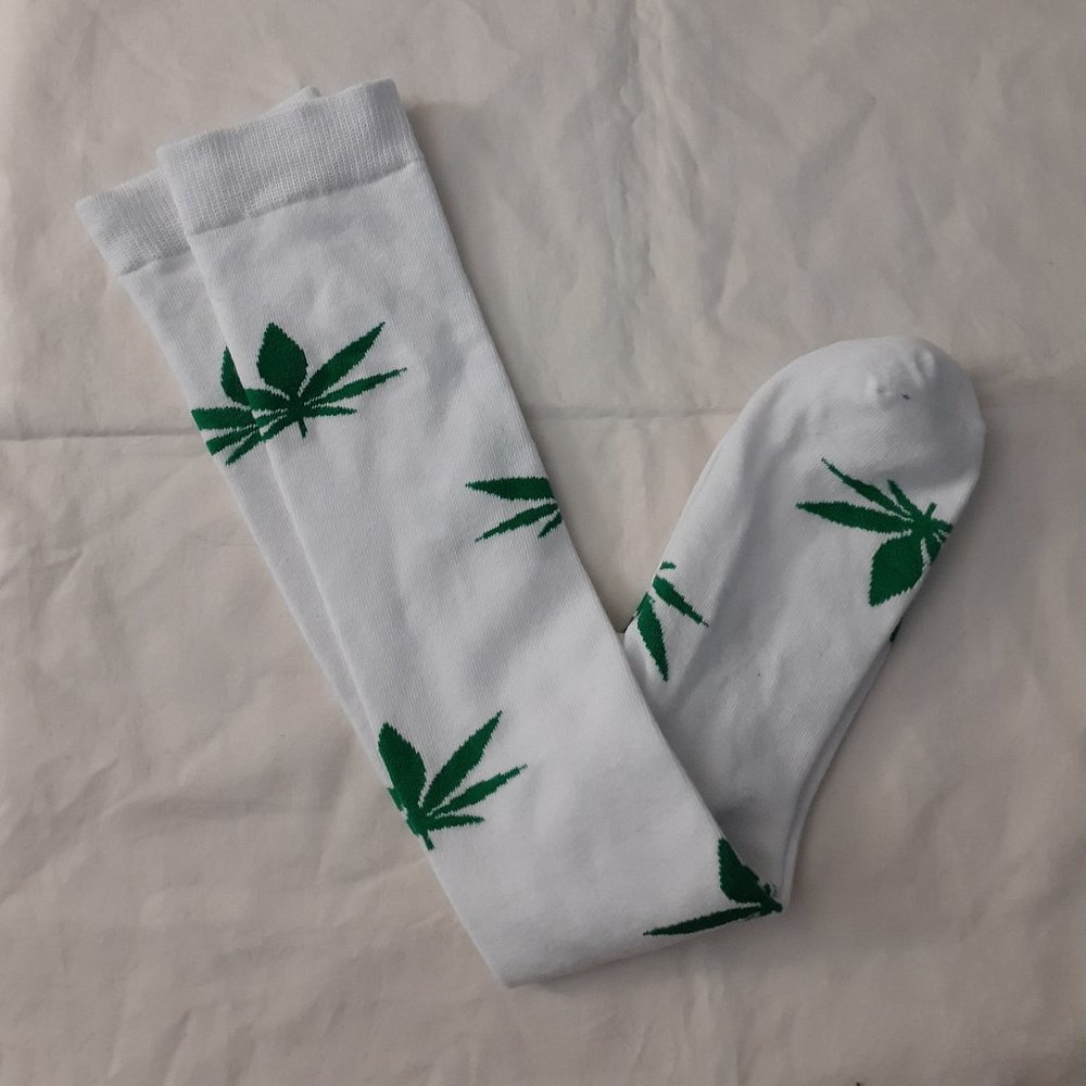 Shein Leaf Print Over The Calf Socks - White/Green - One size